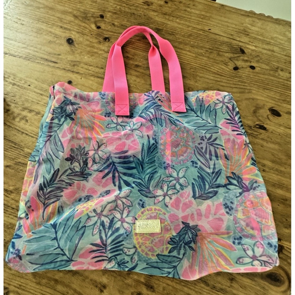 Lilly Pulitzer Mesh Beach Tote Bag Tropical Print Pink Handles Large Pool Travel - Picture 2 of 6